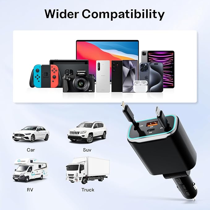 Retractable Fast Car Phone Charger Adapter 131W, Retractable Cables (31.5 inch) & 2 USB Ports for iPhone 16/15/14/13/12/11 Pro/Samsung