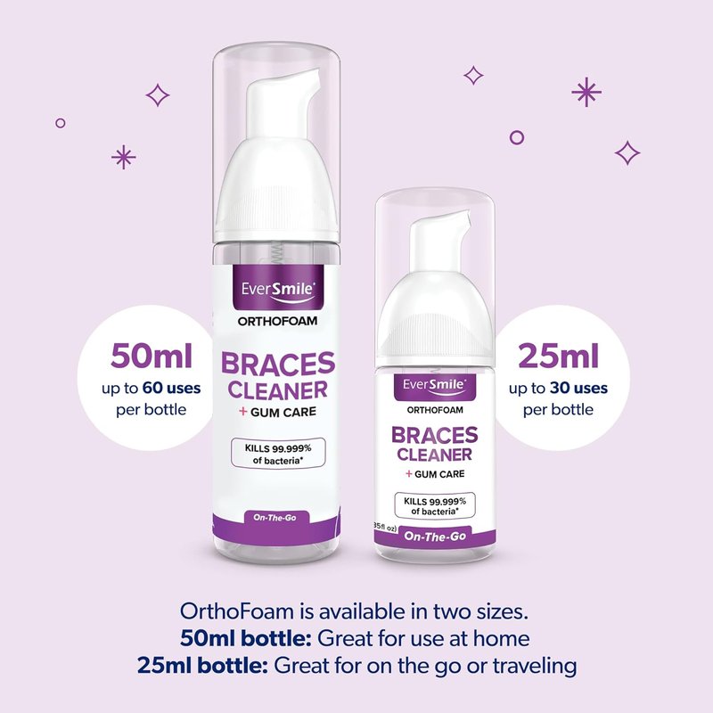 EverSmile OrthoFoam Braces Cleaner - Brushable Foam Whitens Teeth, Fights Plaque & Bad Breath | 25ml Travel Size (2 Pack)