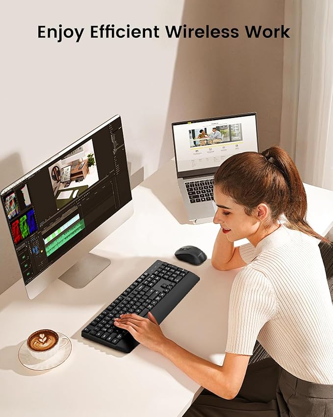 seenda Wireless Bluetooth Keyboard Mouse Combo, COE200 Ergonomic Keyboard with Wrist Rest, Silent Mouse, Multi-Device Connection, Full-Size Compatible for Windows PC Laptop Mac MacBook, Black