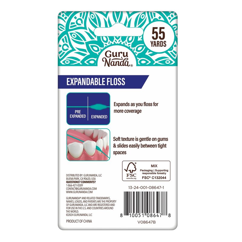 GuruNanda Expandable Waxed Dental Floss for Gentle, Deep Cleaning Wide Teeth Flossing - Peppermint Flavor - 55 Yards, 1 Count