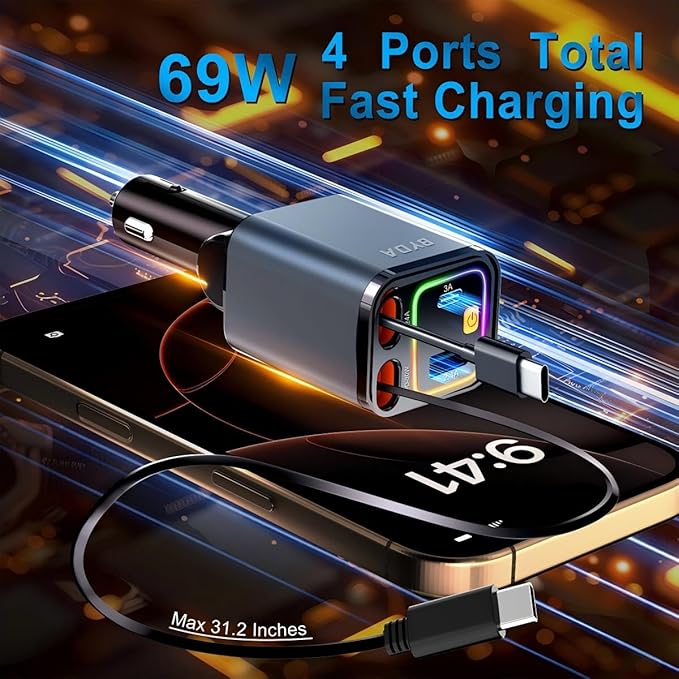 4 in 1 Retractable Car Charger,69W USB-C Fast Car Charger, for iPhone 17/16/15/14/13/12/11, Android,Pixel,Cigarette Lighter Charger (for Type C+Apple &RGB)