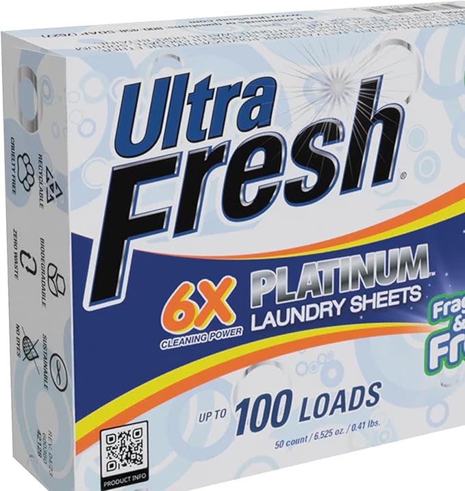 Ultra Fresh 50 Count Laundry Detergent Sheets for All Machine Types, 6X Platinum, Up to 100 Loads, Fragrance Free and Dye Free