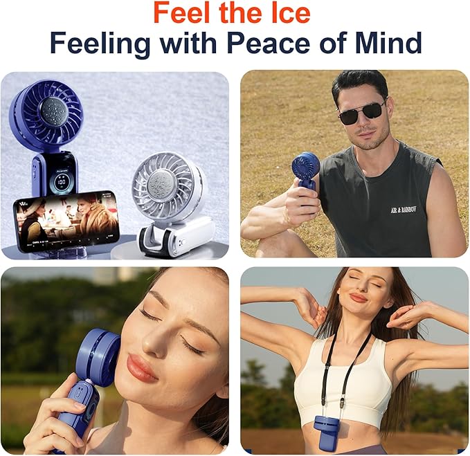 GZEduld Quiet Personal Handheld Fan with Stand & Lanyard, 5000mAh USB-C Rechargeable Battery, 12H Runtime 5-Speed LED Display Mini Cool Fan for Travel Beach Concerts Outdoor Events(Blue)