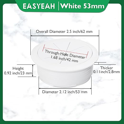 EASYEAH 5 Pcs Desk Grommet 2-1/16" / 53 mm, Desk Hole Cover for Cables White, Cable Grommet ABS Plastic, Desk Hole Grommet for Home & Office Pc, Detachable Cable Cord Organizer