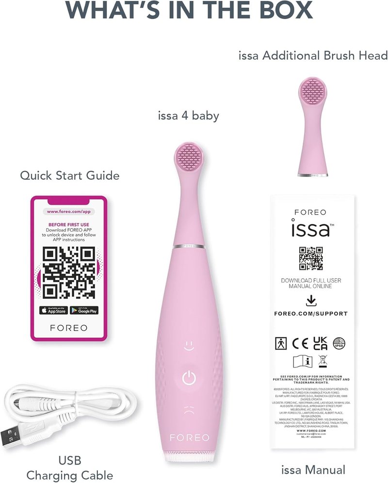 FOREO ISSA 4 Baby - Silicone Sonic Electric Toothbrush for Babies | 2-Sided Bristles, Gum Massage, Travel-Friendly - Pearl Pink