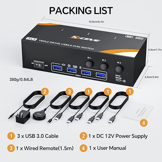 KCEVE USB 3.0 KVM Switch 3 Monitors 3 Computers Displayport HDMI, Triple Monitor KVM Switch 8K@60Hz 4K@144Hz for 3 Computers Share Mouse Keyboard, Wired Remote and Power Adapter