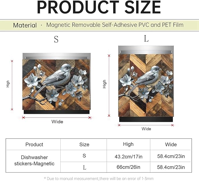 Stainless Steel Bird Flowers Dishwasher Magnet Cover for Home Appliances, Vintage Wood Grain Magnet Refrigerator Panel Decal, Silver Metal Bird Magnetic Dishwasher Sticker 23" W x 26" H