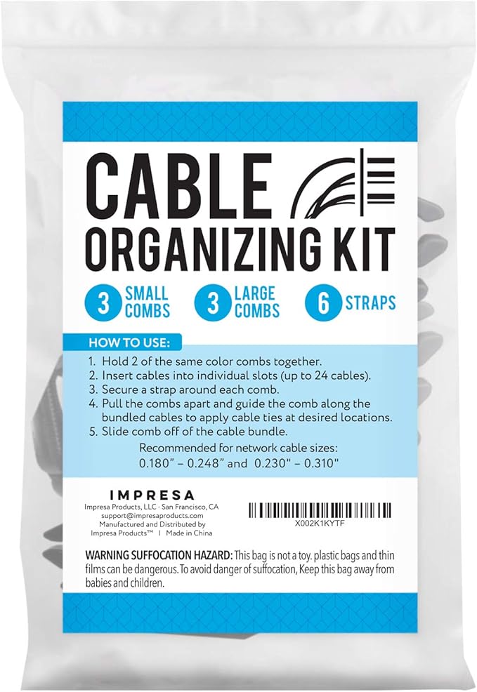 IMPRESA Cable Comb Organizer Kit - Black, Grey, Zip Style Wire Management Tools for Network & Office Setup - Cat6a Cable Combs for Data Center & 24 Wires - Dressing Tool for Neat Organization