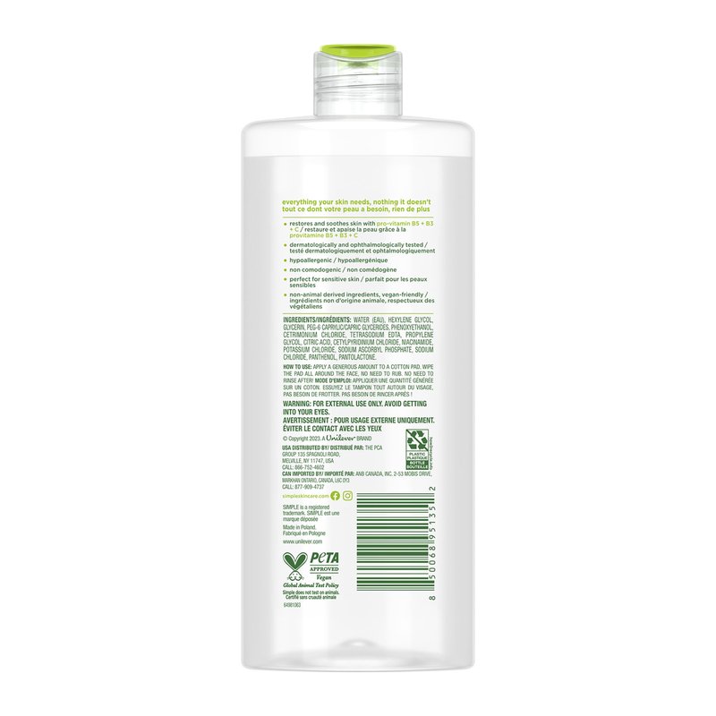 Simple Kind To Skin Micellar Water - Makeup Remover and Facial Cleanser - Face Cleanser with Pro-Vitamin B5, B3 and C - Vegan, No Perfumes - 4 pc