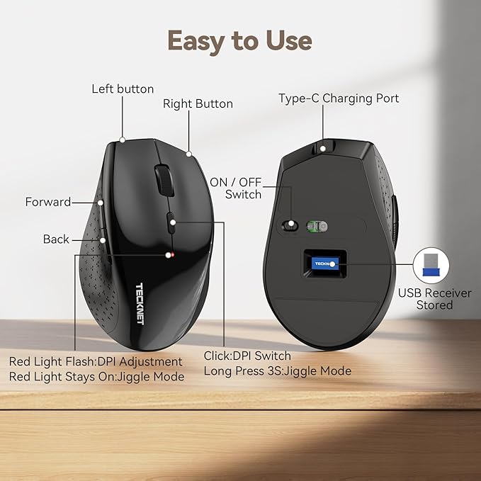 TECKNET Rechargeable Mouse with Jiggler, Plug & Play, 2.4G Connection with USB-C Adapter, Silent Mouse Quiet Click, 6400 DPI Ergonomic Mouse, Cordless Computer Mice for Laptop, Desktop, PC