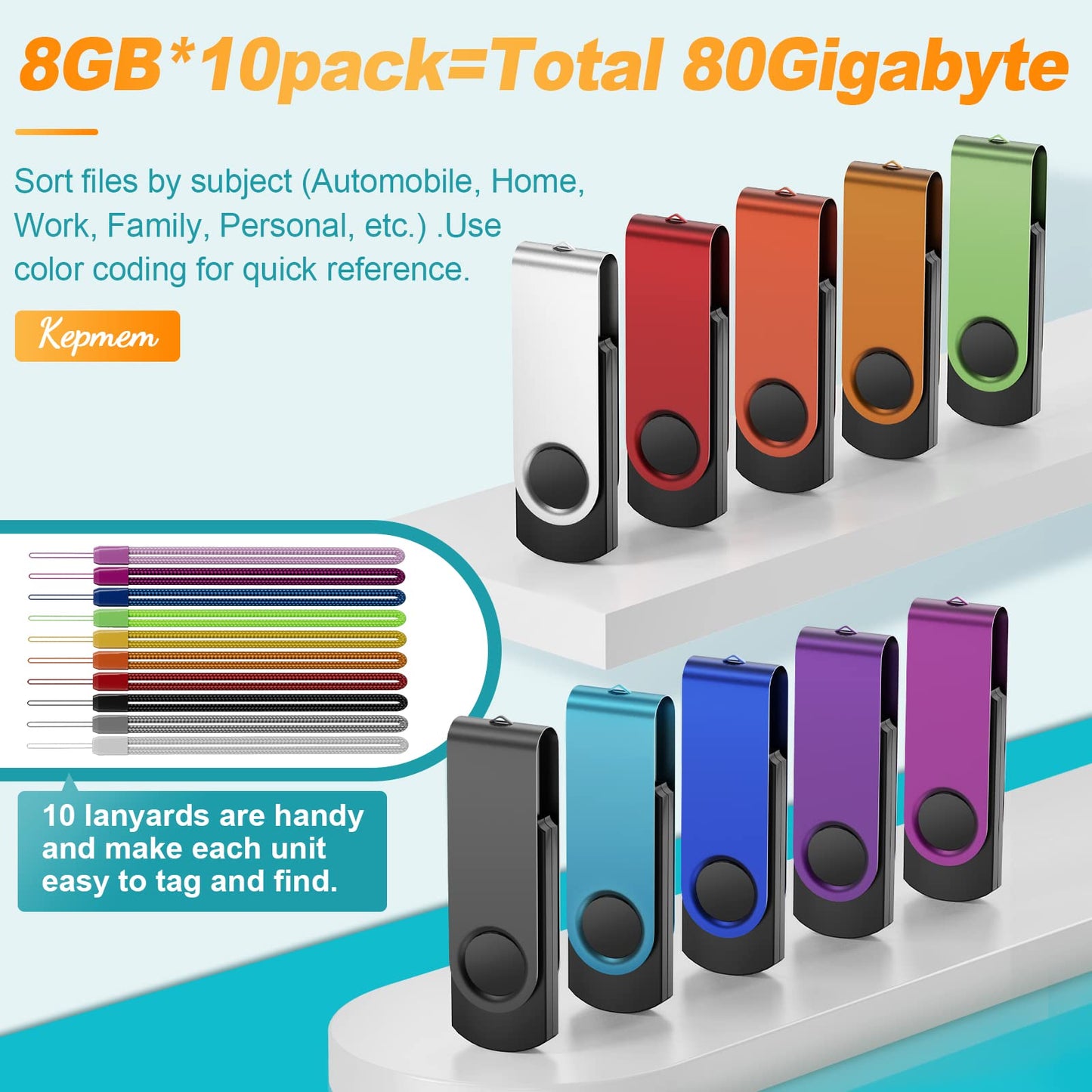 Kepmem 10 Pack Thumb Drive 32GB Flash Drives Bulk, Metal Swivel USB Drive 3.0 Memory Stick 32 Giga Pen Drive Colorful Jump Drive 32 GB Zip Drive with Multicolor Lanyards for Data Storage and Transfer