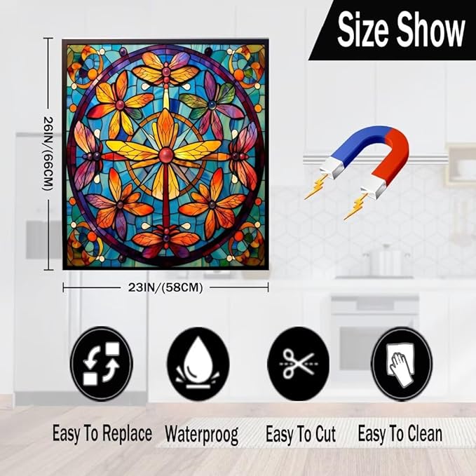Colorful Dragonflies Magnet Dishwasher Cover Dishwasher Magnetic Panel Decal, Stained Glass Window Fridge Magnetic Skins Cover, Vinyl Home Appliance Decal 23" x 26" Magnetic