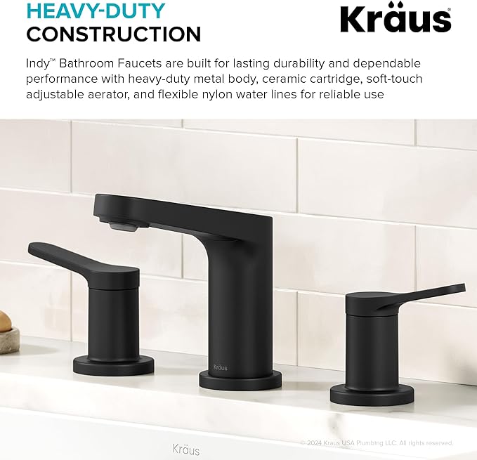 KRAUS Indy Widespread Bathroom Faucet in Matte Black with 2 Handles, Pop Up Drain and Supply Lines, FUS-14103MB