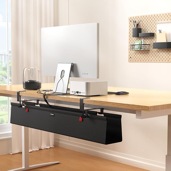 WISUGASO Under Desk Cable Management Tray for Table, No Drill 36" Cord Organizer with Cable Loop, Upgraded Oxford Fabric Wire Management for Office, Home - No Damage to Table
