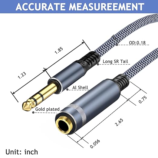 TAISUSAN 1/4 inch Extension Cable, 50ft, Male to Female Stereo Headphone Guitar Cable Copper Wire, Gold Plated Connectors, Tangle-Free, Compatible with Mixing Console, Speaker, Amplifier, Guitar