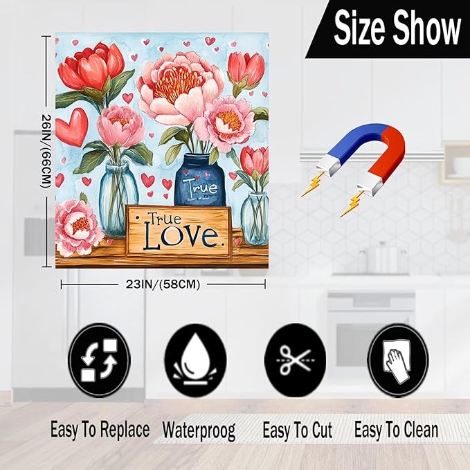 Blooming Pink Flowers Magnet Dishwasher Cover Vinyl Decal for Dishwasher Valentine's Day Flowers Refrigerator Magnet Cover Love Hearts Kitchen Panel Decal Sticker, 23x26 inch Magnetic