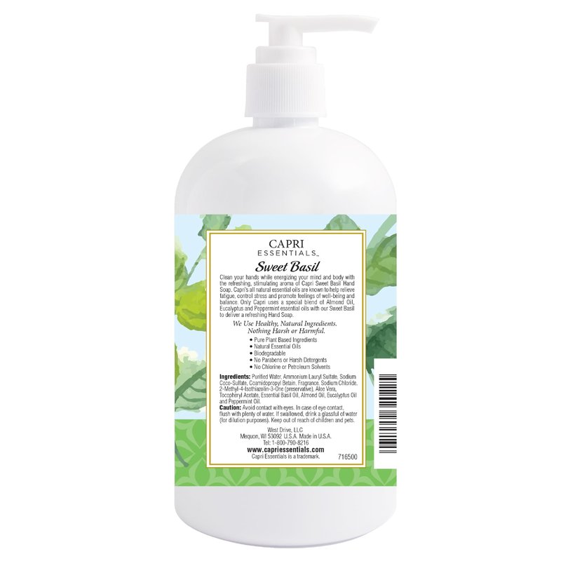 Capri Essentials Hand Soap Liquid, Natural Household Cleaning Supplies, Gentle Plant Based Aromatic Hand Wash with a Blend of Essential Oils, Removes Dirt & Grime, Sweet Basil Scent, 16 FL Oz (3 Pack)