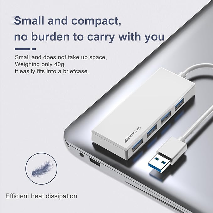 ANYPLUS USB 3.0 Hub, Portable Slim USB Hub Adapter, 0.8 ft Multiple USB Splitter, USB Extender for PC, Laptop, iMac, Surface Pro, MacBook, Mac Pro, Flash Drive, XPS, Mouse, HDD【White】
