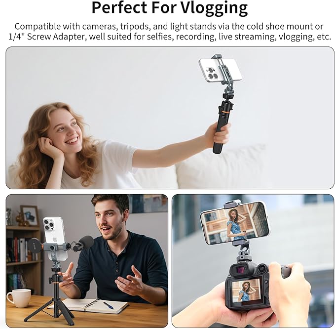 VRIG PH-18 Metal Phone Tripod Mount, 360° Phone Holder for Camera with 2 Cold Shoe Mount & 1/4" Screw Holes Compatible with iPhone Samsung for Vlog Live Stream Video Recording