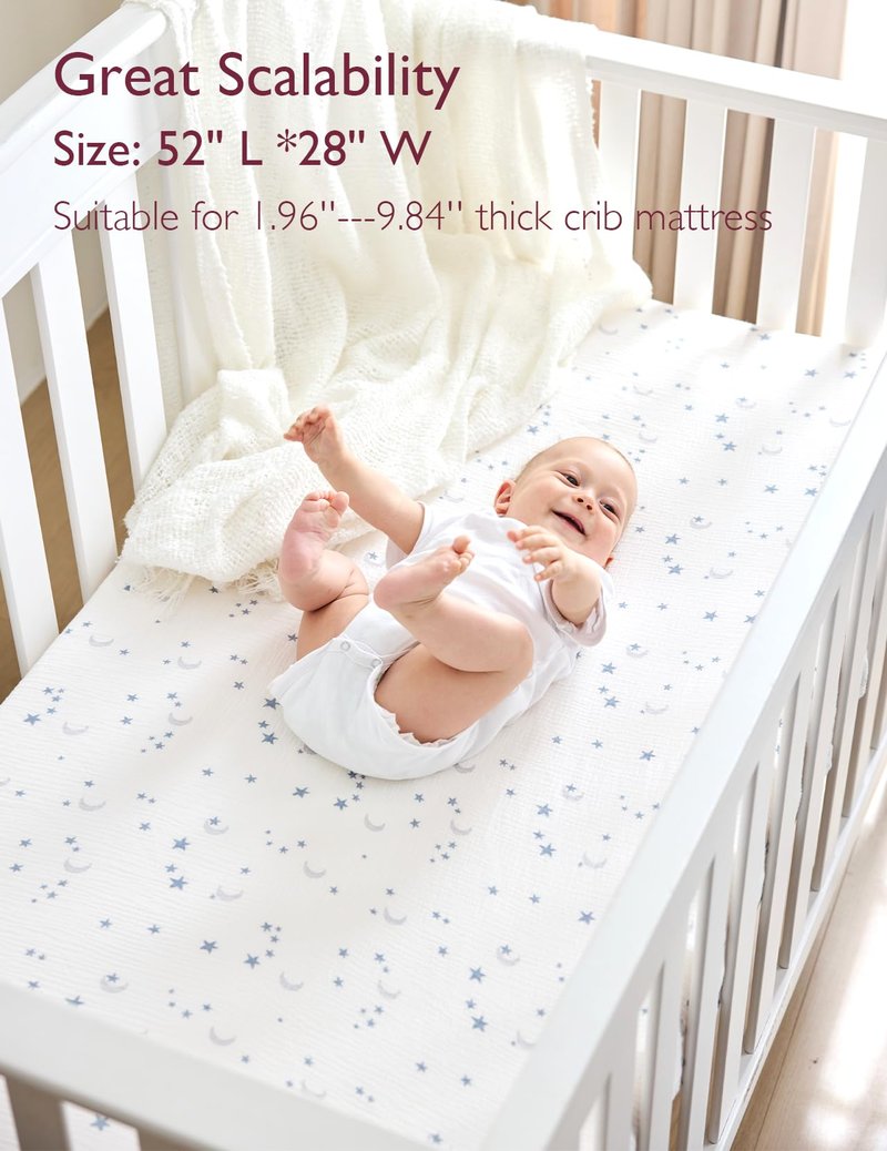 Momcozy Muslin Standard Fitted Crib Sheets, 52"x28", 2 Pack Soft Breathable Natural Cotton Baby Mattress Sheet, 360° Mattress Wrapping No Slip Boys Girls Neutral Toddler Bed Sheet, Blue Star Moon