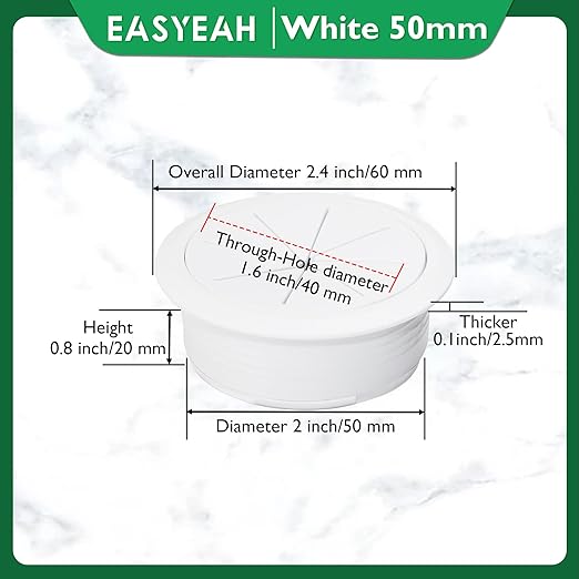 EASYEAH 2 Pcs Desk Grommet 2" / 50 mm, Desk Hole Cover for Cables White, Cable Grommet ABS Plastic, Desk Hole Grommet for Home & Office Pc, Detachable Cable Cord Organizer