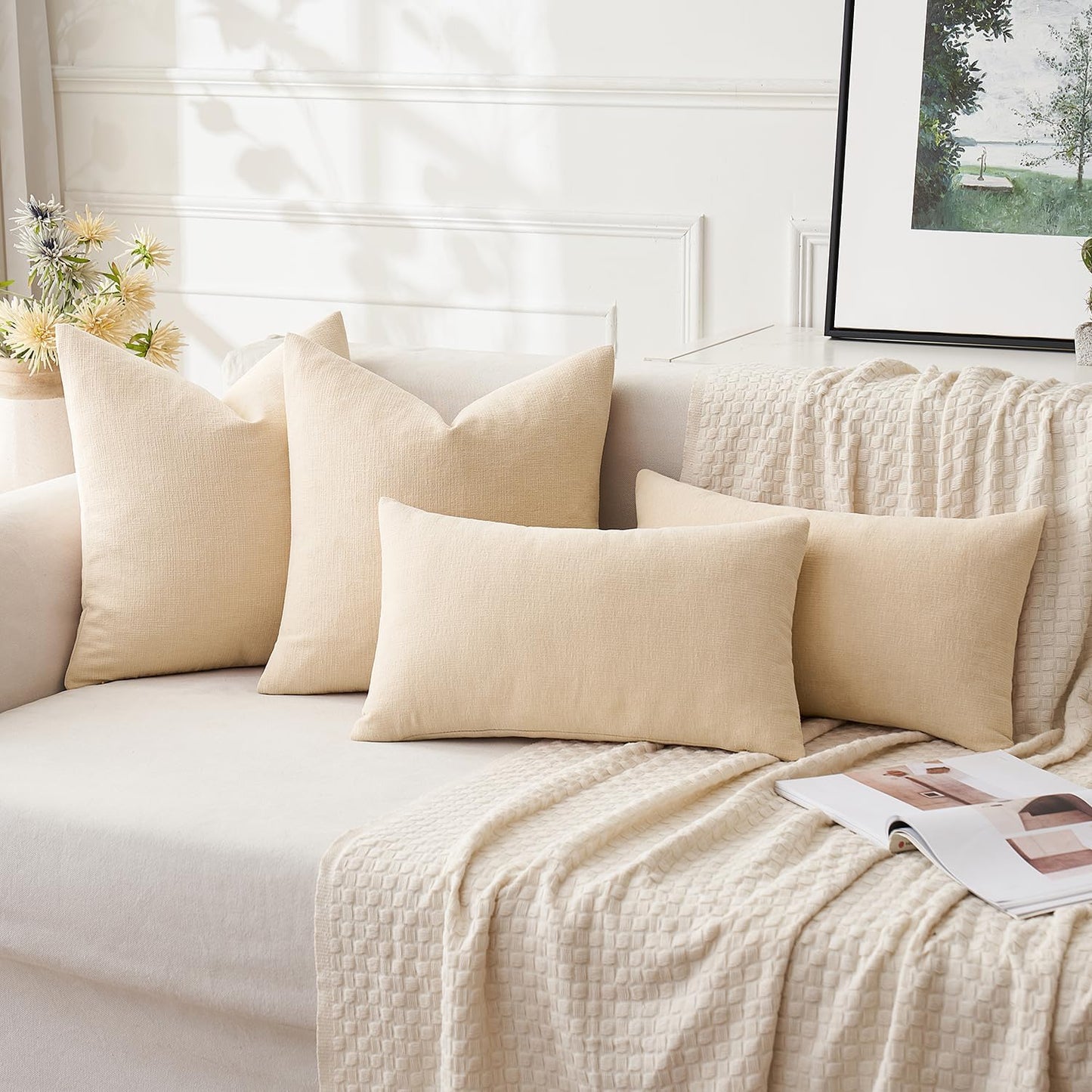 MIULEE Corduroy Decorative Throw Pillow Covers - Soft Chenille, 18x18 Inch, Cream White & Beige (Set of 2)