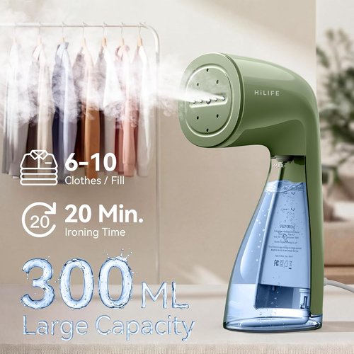 HiLIFE Portable Handheld Clothes Steamer - 240ml Capacity, 700W Strong Steam for Home & Travel | Olive Green
