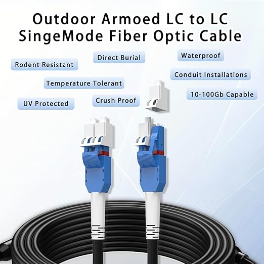 610M/2001FT LC to LC Armored Outdoor Fiber Optic Cable, Single Mode Duplex 9/125μm SMF Fiber Patch Cord, OS1/OS2 Compatible, Black LSZH Jacket, Uniboot Jumper for FTTH, Data Center, Long-Distance Use