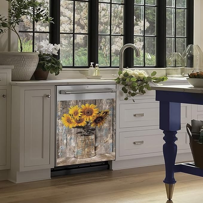 Rustic Wood Dishwasher Cover For Front,Vintage Sunflower Vase Dishwasher Magnet Cover Door Decor Farmhouse Sticker,Country Flower Dishwasher Panel Decal,Home Appliance Decal 23"x17"