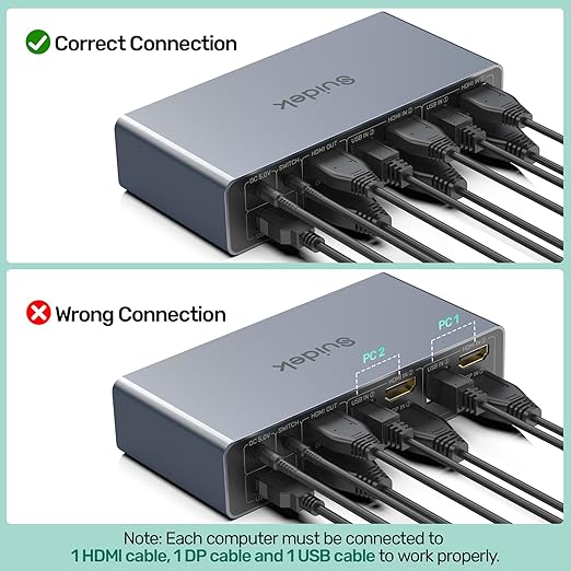 SUIDEK HDMI Displayport KVM Switch 2 Monitors 2 Computers - 4K@60Hz Aluminum with 3 USB 3.0 Ports Audio & Microphone Ports Share Dual Monitors Keyboard Mouse Printer - 2 USB Cable Controller Adapter