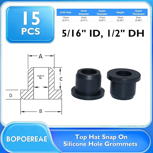 BOPOREAE 15 Pcs1/2" Drill Hole, 5/16" ID Silicone Rubber Grommets for Wiring, Automotive Firewall Hole Plug Top Hat Metal Wall Drywall Grommets for Vinyl Tubing in Hydroponic Irrigation Systems
