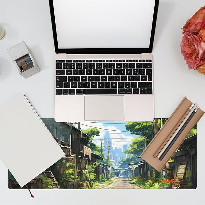 Eflxamz Anime Abandoned Town Desk Mat, Large Gaming Mouse Pad with Non-Slip Base and Stitched Edge, 31.5"x11.8"