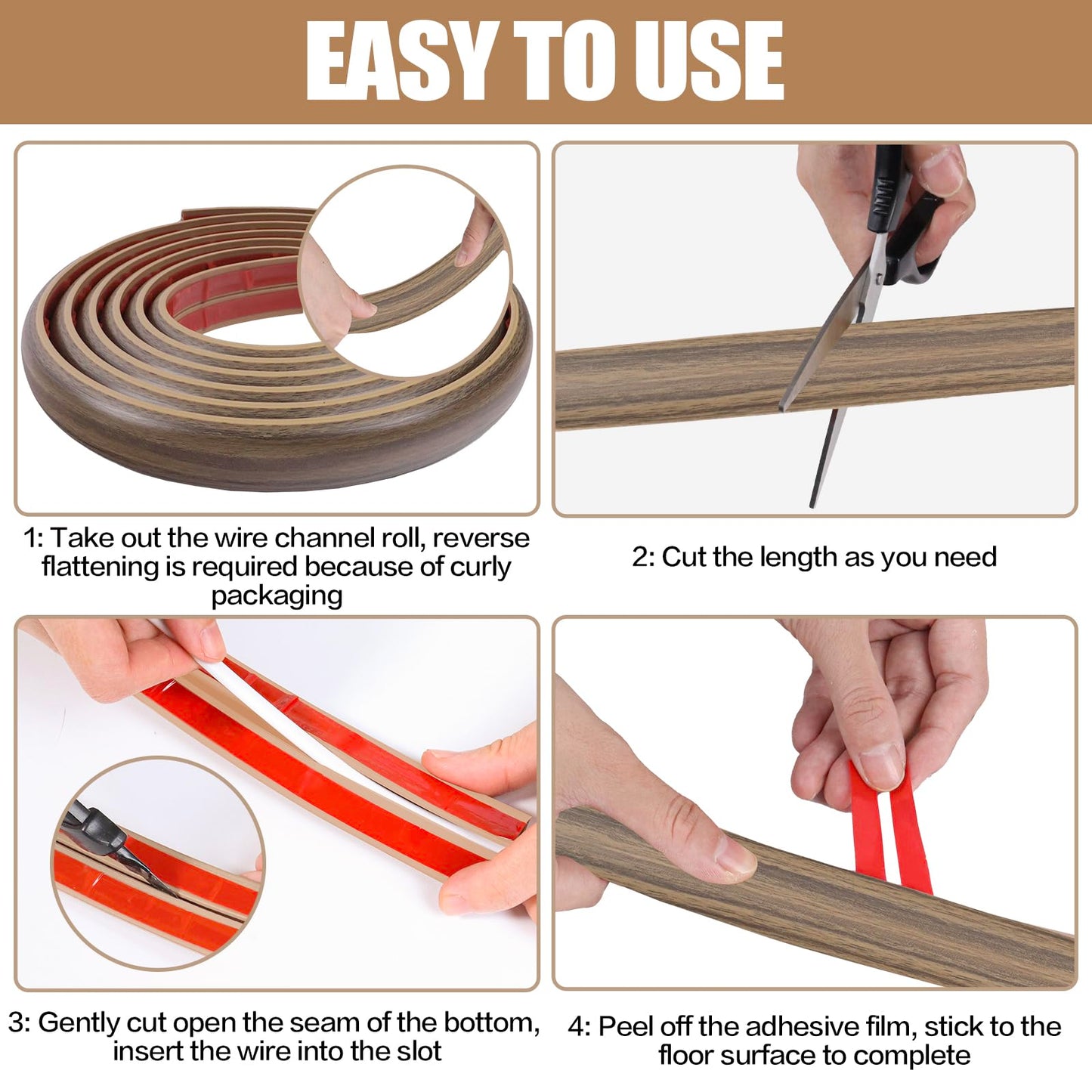 Floor Cord Cover Self Adhesive Cord Hider,20FT Cable Management, Extension Strip Protector for Wires, Prevent Cable Trips for Offices, Gyms, Exhibitions Cavity:0.39"(W) x 0.27"(H) Woodsmokedbrown