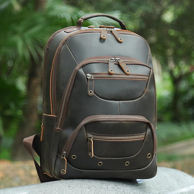 TIDING Leather Laptop Travel Backpack for Men Fits 15.6" 16" Computer, Large Business Work Bag Vintage Overnight Weekender Daypack Camping Rucksack
