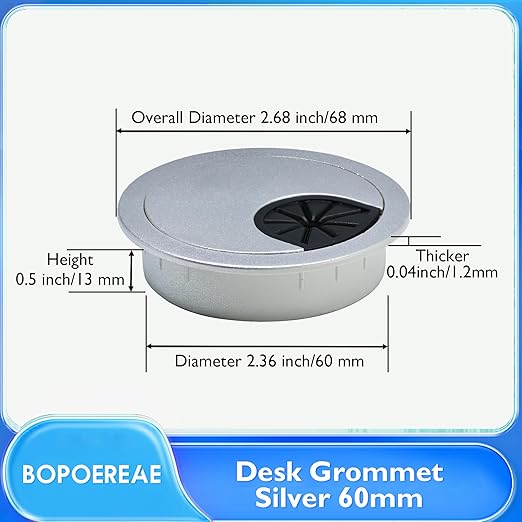BOPOREAE Desk Grommet 2-3/8" (60 mm), Desk Cord Hole Cover, Cable Grommet ABS Plastic, Desk Hole Grommet for Office and Home Table Cable, Detachable Cable Cord Organizer (Silver Sand 2 Pcs)