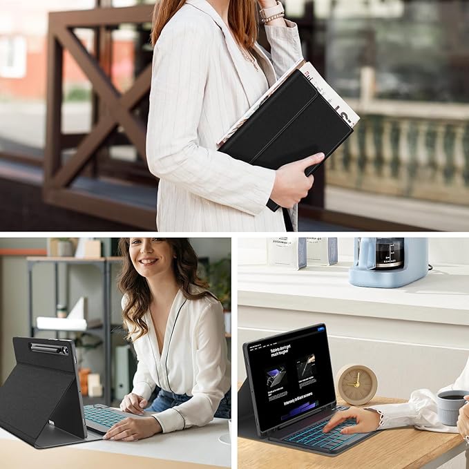Backlit Keyboard Case for Samsung Galaxy Tab S10 Lite/S10 FE/S9 FE 5G 10.9"/ Tab S9 11", 7 Colors Backlight Detachable Magnetic Wireless Keyboard Case, PU Leather Folio Case, Black
