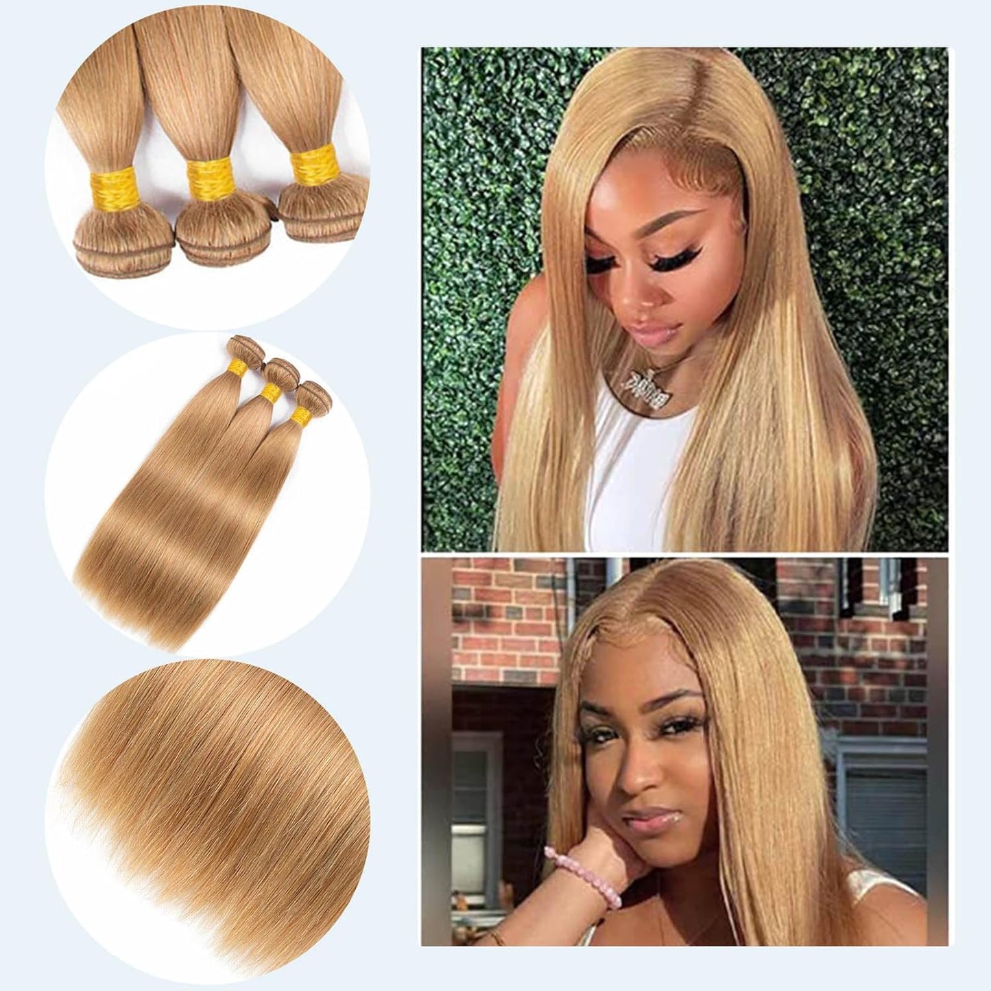 Leruikair Human Hair Bundles 20 22 24 Inch Straight Bundles Human Hair Honey Blonde Color 27 Unprocessed Brazilian Soft Quick Weave Hair for Black Women