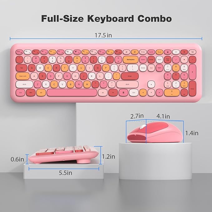 KNOWSQT Wireless Keyboard and Mouse Combo, Pale Pink Full-Sized 2.4G Silent Keycap Colorful Keyboards, USB Dongle Plug Play, Laptop, Windows, PC, Mac, Desktop