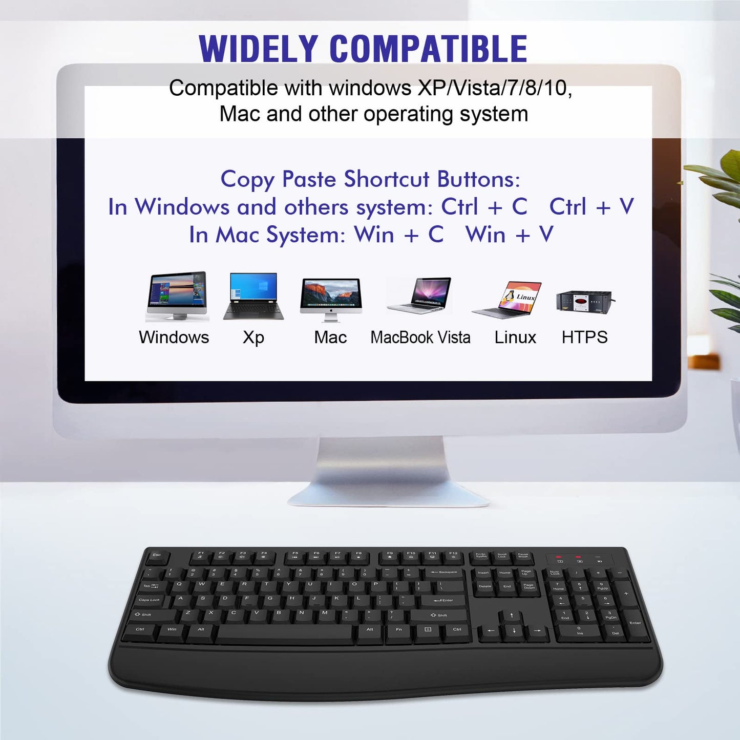 QUASIO Wireless Keyboard, 2.4G Full-Sized Ergonomic Wireless Computer Keyboard with Wrist Rest for Windows, Mac OS Laptop/PC/Desktop/Notebook(Black)