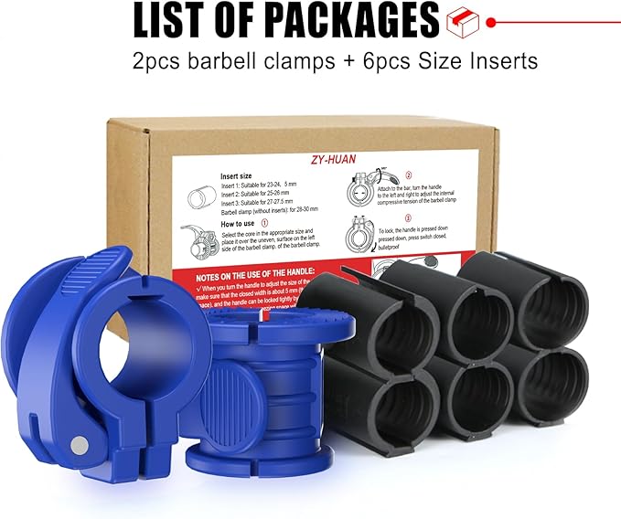 ZY-HUAN Barbell Clips 1 inch Barbell Clamps 0.9-1.18inch Quick Release Weight Clips for Bars Multi-Size Adjustable Olympic Barbell Clamps (All Blue 0.9-1.18inch)
