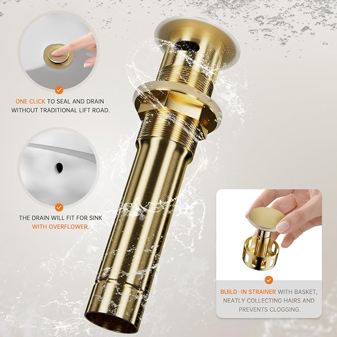Phiestina Pull Down Sprayer Brushed Gold 8 Inch Bathroom Sink Faucet, 2 Handles 3 Hole Widespread Pull Out Bathroom Faucet,with Pop Up Drain and Water Supply Line,BF04022-K01-BG