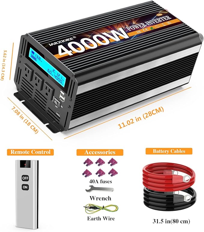 JARXIOKE 4000 Watt Power Inverter 12V DC to 110V 120V Converter for Family RV Off Grid Solar System Car with Type-C Ports 3 AC Power Outlets Dual USB Ports LCD Display Wireless Remote Control