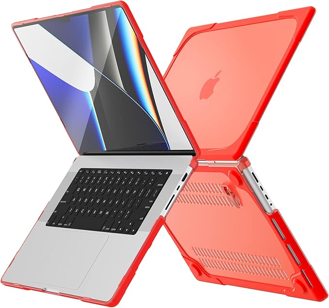 Batianda Heavy Duty Case for New MacBook Pro 16 inch 2026 M5 2024 M4 2023 M3 2021 M2 Pro Max Chip- Ergonomic Foldable Kickstand (Holds 22lbs/Zero Wobble) Matte Translucent Rugged Armor Cover, Red