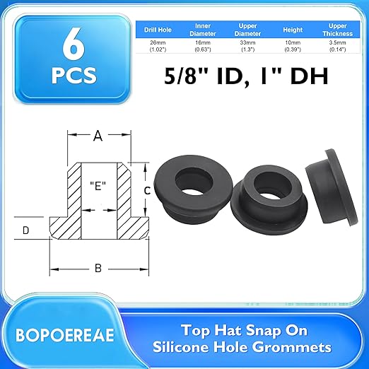 BOPOREAE 6 Pcs 1" Drill Hole, 5/8" ID Silicone Rubber Grommets for Wiring, Automotive Firewall Hole Plug, Top Hat Grommets for Vinyl Tubing in Hydroponic and Irrigation Systems Metal Wall Drywall