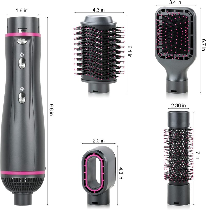 Hair Dryer Brush - 4 in 1 Detachable Negative Ion Blow Dryer for Straightening, Drying & Curling | Gray with Carrying Case