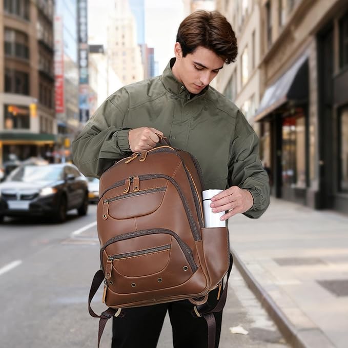 TIDING Leather Backpack for Men Fits 16" 15.6” Laptop, Vintage Business Travel Work Bag Large Overnight Weekender Daypack