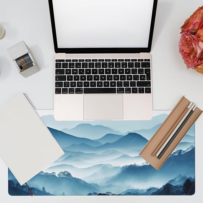 Eflxamz Large Gaming Mouse Pad, Mountain Desk Mat, Misty Forest Mountains Desk Pad, Extended Big Computer Keyboard Mouse Pad with Non-Slip Base and Stitched Edge, 35.4"x15.7"