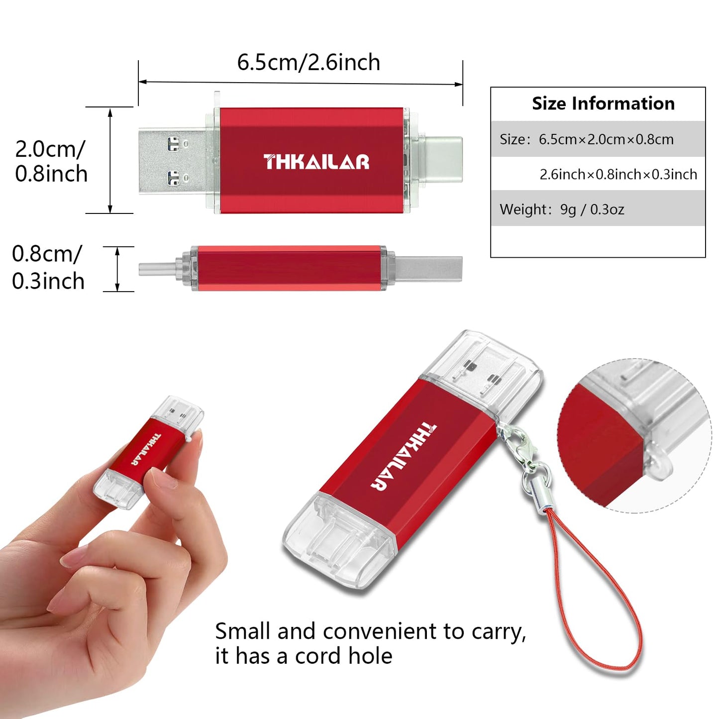 Thkailar USB C Flash Drive 256GB,USB Flash Drive with Type C and Type A 3.1 Port Compatible with Android Phone,MacBook Pro,PC(Red)