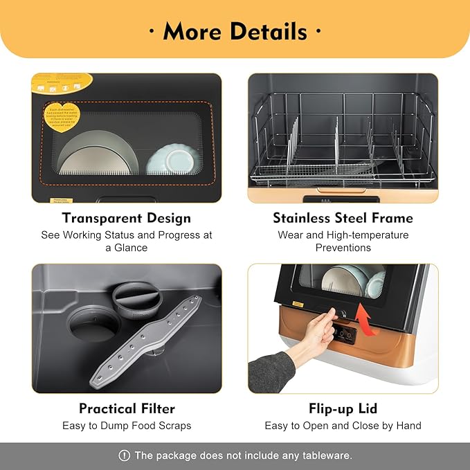 Countertop Dishwasher, 800W 110V Portable Countertop Dishwasher, Automatic Dishwashers with 3 Washing Programs, 360° Streak-Free Deep Cleaning for Apartment Kitchen