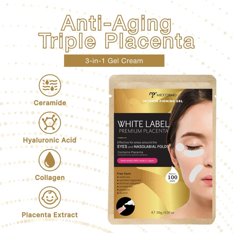 ホワイトラベル White Label Placenta Rich Gold Gel 30g – Moisturizing Gel with Placenta Extract, Hyaluronic Acid, Collagen & Ceramides – Gentle Care for Eye & Mouth Area – For Supple, Healthy-Looking Skin